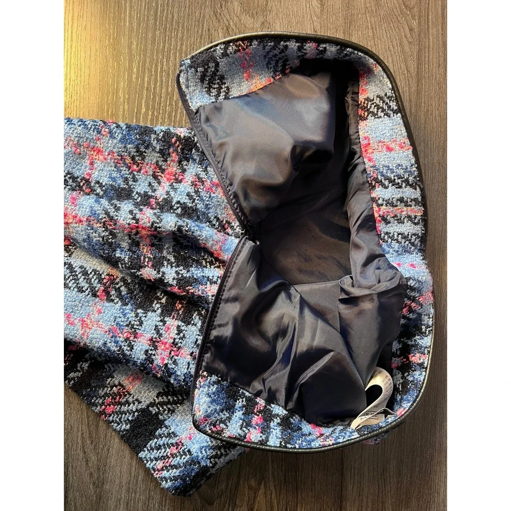 Orsay Tweed Plaid Mini Skirt Blue Pink Black Faux Leather Trim Size EUR 36 US 4 - Picture 7 of 9